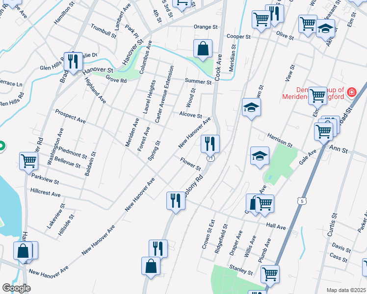 map of restaurants, bars, coffee shops, grocery stores, and more near 102 New Hanover Avenue in Meriden