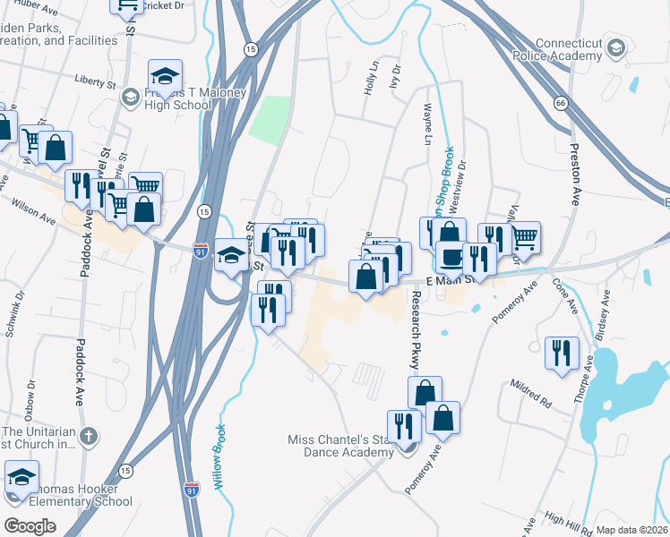map of restaurants, bars, coffee shops, grocery stores, and more near 1170 East Main Street in Meriden