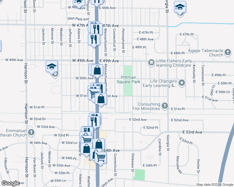 map of restaurants, bars, coffee shops, grocery stores, and more near 5088 Pennsylvania Street in Gary