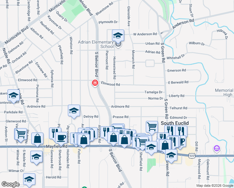 map of restaurants, bars, coffee shops, grocery stores, and more near 1247 Homestead Rd in South Euclid