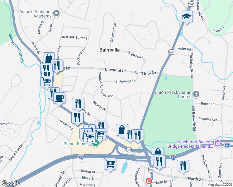 map of restaurants, bars, coffee shops, grocery stores, and more near 12 Catalpa Road North Side in Newburgh