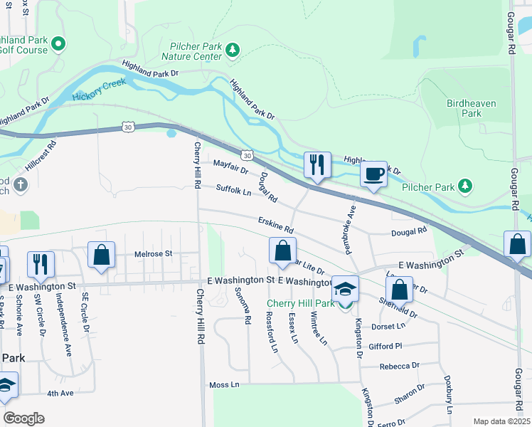 map of restaurants, bars, coffee shops, grocery stores, and more near 2441 Erskine Road in Joliet