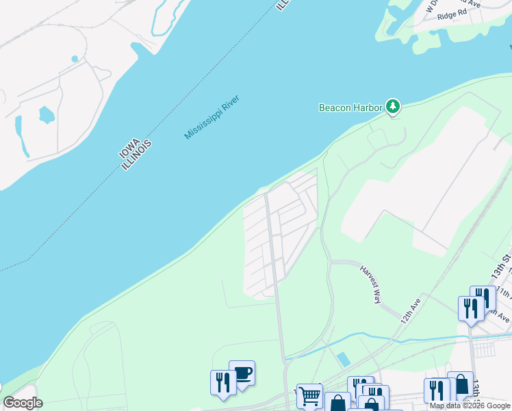map of restaurants, bars, coffee shops, grocery stores, and more near 620 1st Avenue in East Moline
