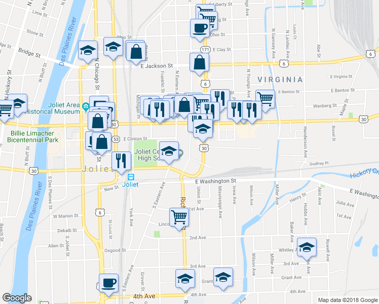 map of restaurants, bars, coffee shops, grocery stores, and more near Van Buren St in Joliet