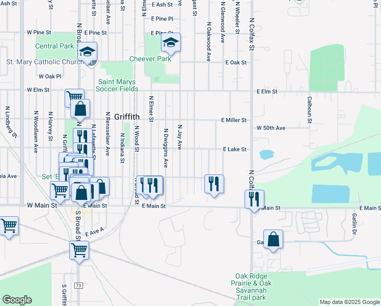 map of restaurants, bars, coffee shops, grocery stores, and more near 242 North Arbogast Street in Griffith
