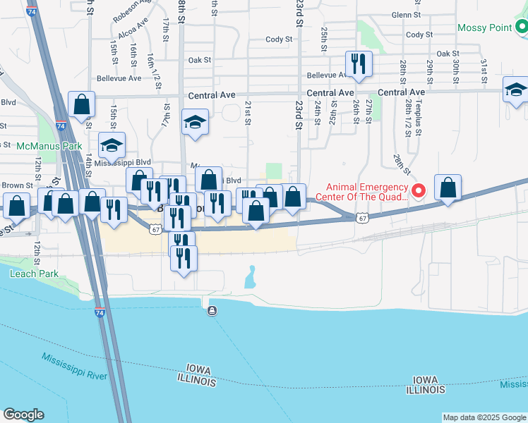 map of restaurants, bars, coffee shops, grocery stores, and more near 2133 Grant Street in Bettendorf