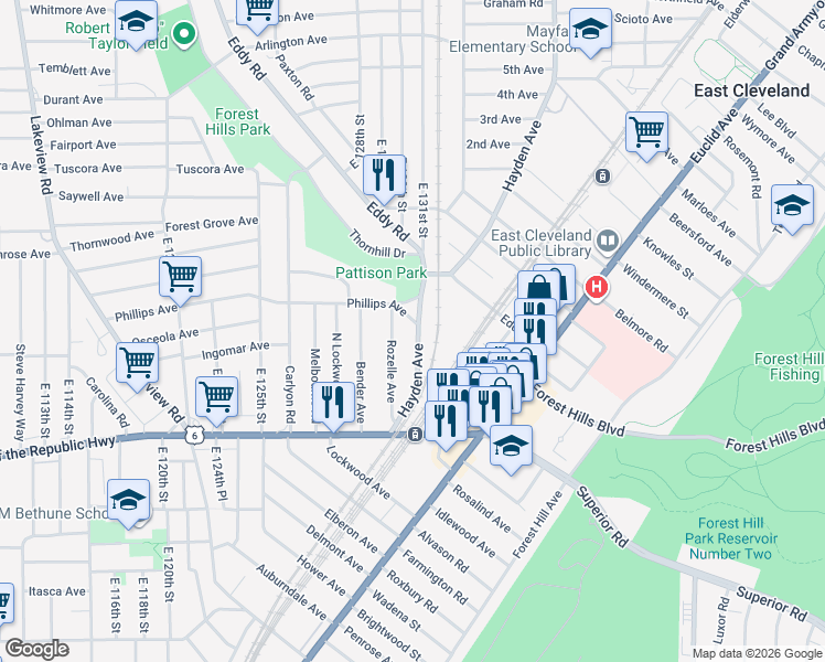 map of restaurants, bars, coffee shops, grocery stores, and more near 1960 Hayden Avenue in East Cleveland