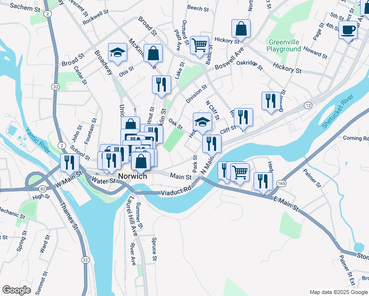 map of restaurants, bars, coffee shops, grocery stores, and more near 16 Robbins Court in Norwich