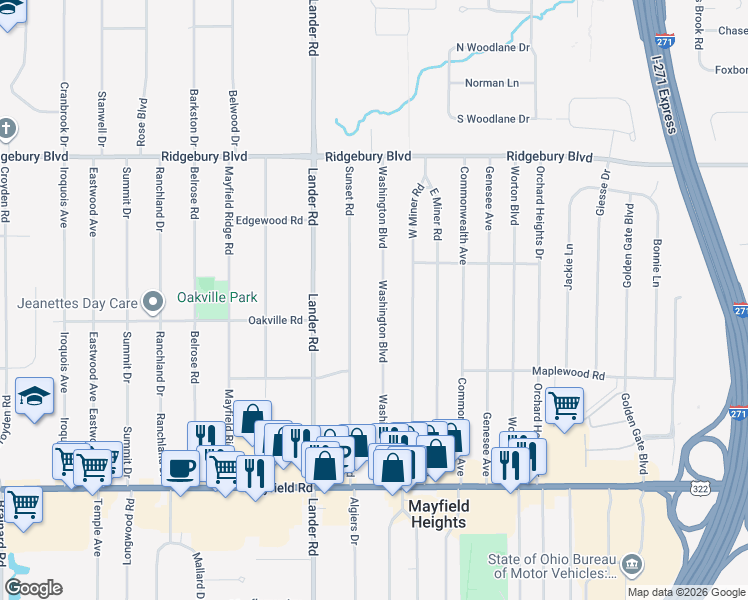 map of restaurants, bars, coffee shops, grocery stores, and more near 1264 Washington Boulevard in Mayfield Heights