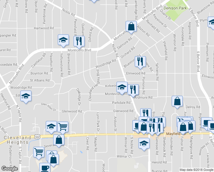 map of restaurants, bars, coffee shops, grocery stores, and more near Kirkwood Road in Cleveland Heights
