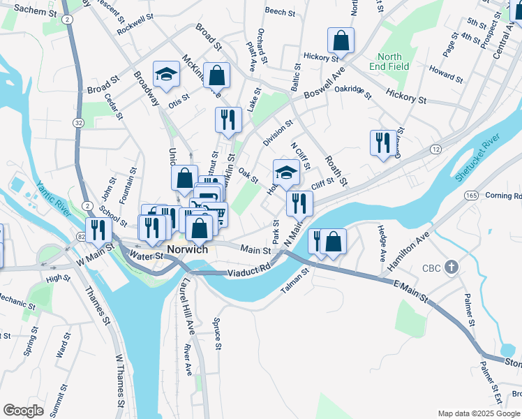 map of restaurants, bars, coffee shops, grocery stores, and more near 16 Robbins Court in Norwich