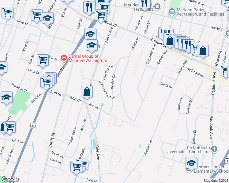map of restaurants, bars, coffee shops, grocery stores, and more near 239 Hillcrest Terrace in Meriden