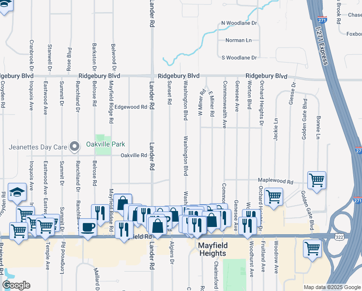 map of restaurants, bars, coffee shops, grocery stores, and more near 1264 Washington Boulevard in Mayfield Heights