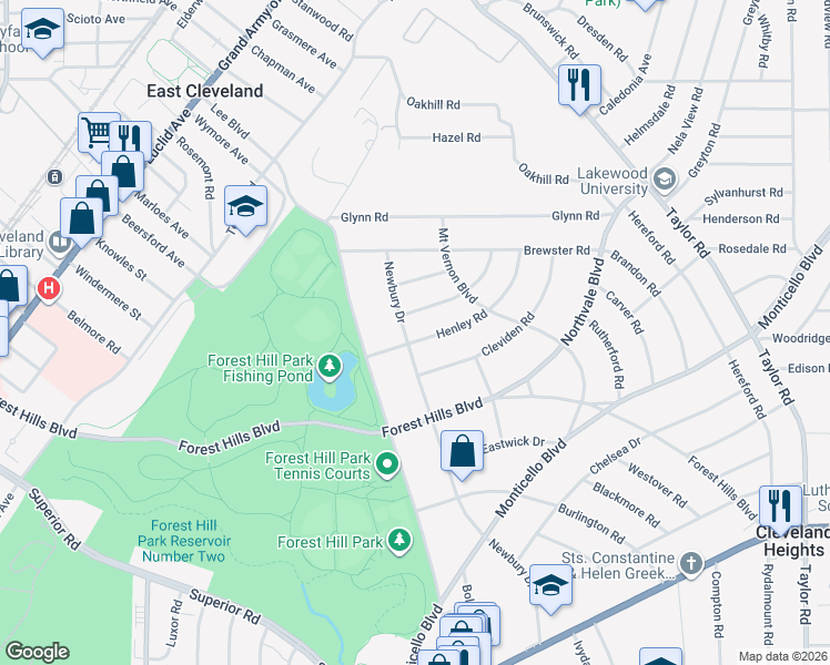 map of restaurants, bars, coffee shops, grocery stores, and more near 15585 Henley Road in East Cleveland