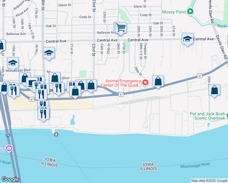 map of restaurants, bars, coffee shops, grocery stores, and more near 2540 State Street in Bettendorf