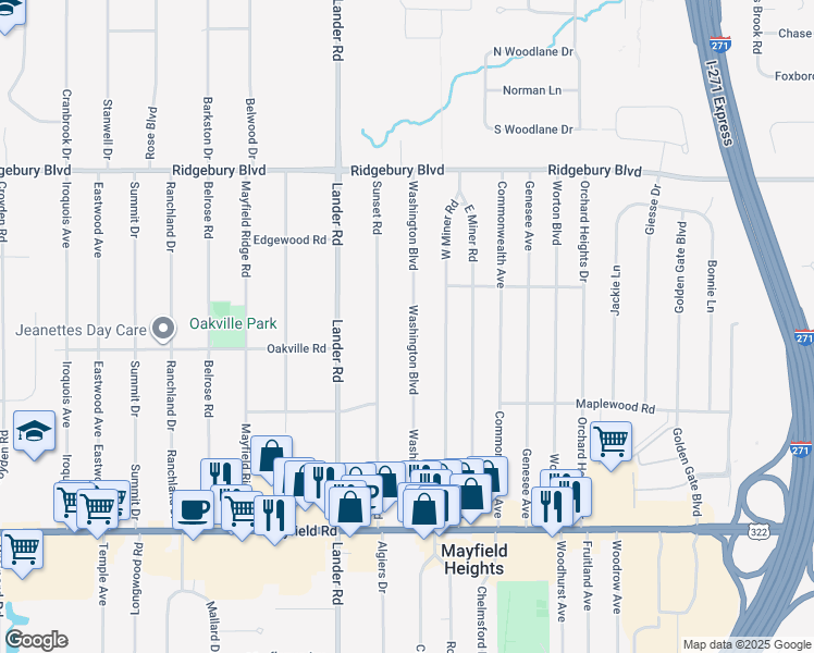 map of restaurants, bars, coffee shops, grocery stores, and more near 1264 Washington Boulevard in Mayfield Heights