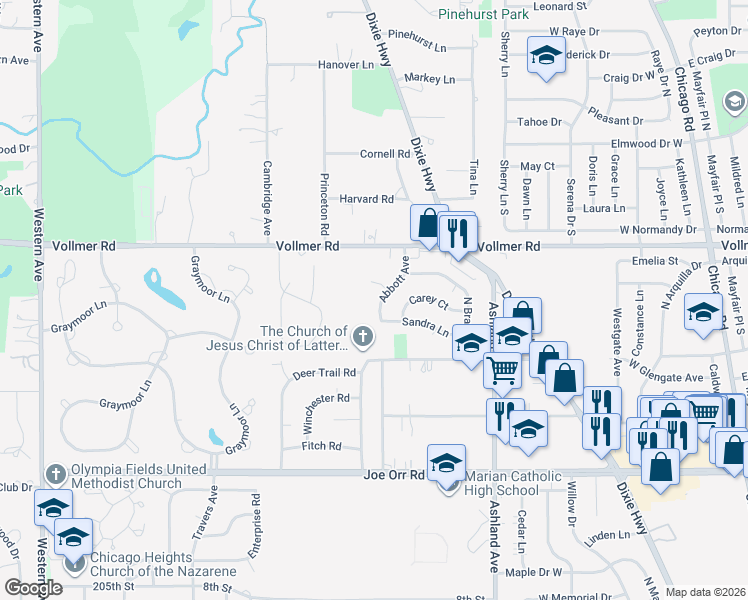 map of restaurants, bars, coffee shops, grocery stores, and more near 314 Abbott Avenue in Chicago Heights