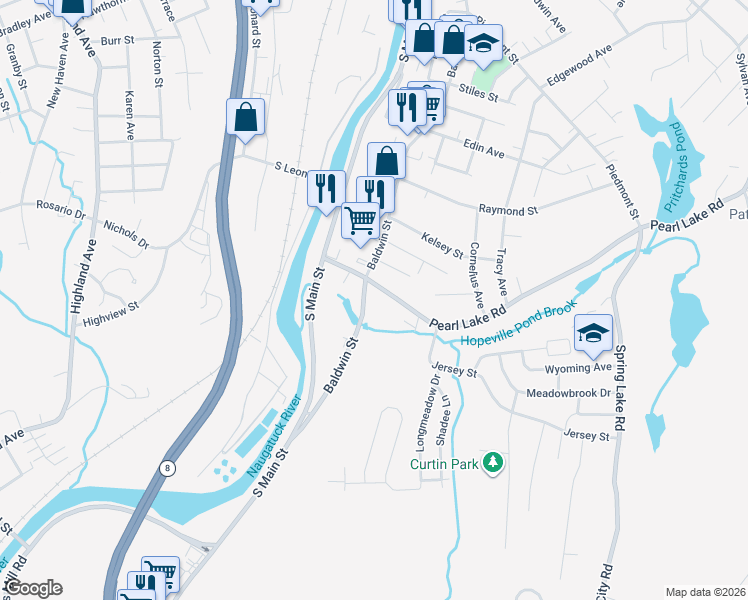 map of restaurants, bars, coffee shops, grocery stores, and more near 1997 Baldwin Street in Waterbury