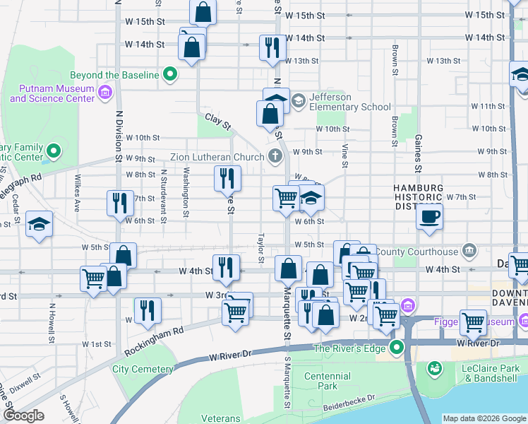map of restaurants, bars, coffee shops, grocery stores, and more near 613 Taylor Street in Davenport