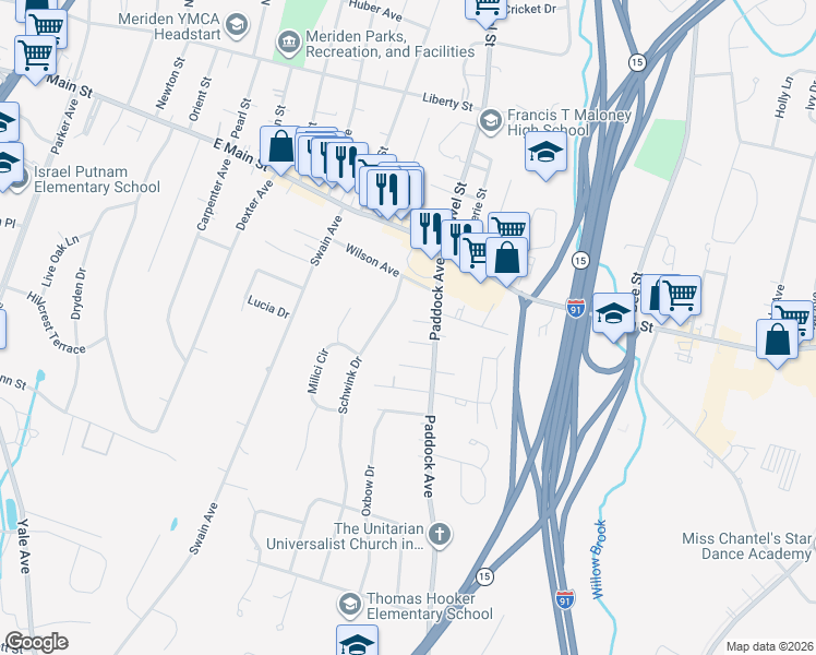 map of restaurants, bars, coffee shops, grocery stores, and more near 26 Elizabeth Avenue in Meriden
