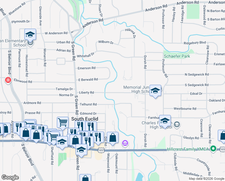 map of restaurants, bars, coffee shops, grocery stores, and more near 4597 Liberty Road in South Euclid