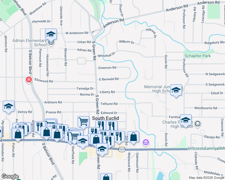 map of restaurants, bars, coffee shops, grocery stores, and more near 4515 Liberty Road in South Euclid