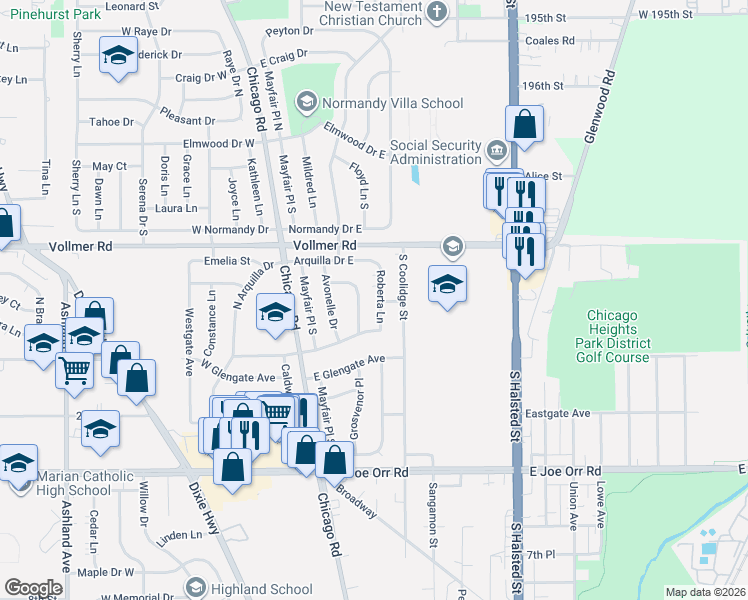 map of restaurants, bars, coffee shops, grocery stores, and more near 306 Roberta Lane in Chicago Heights