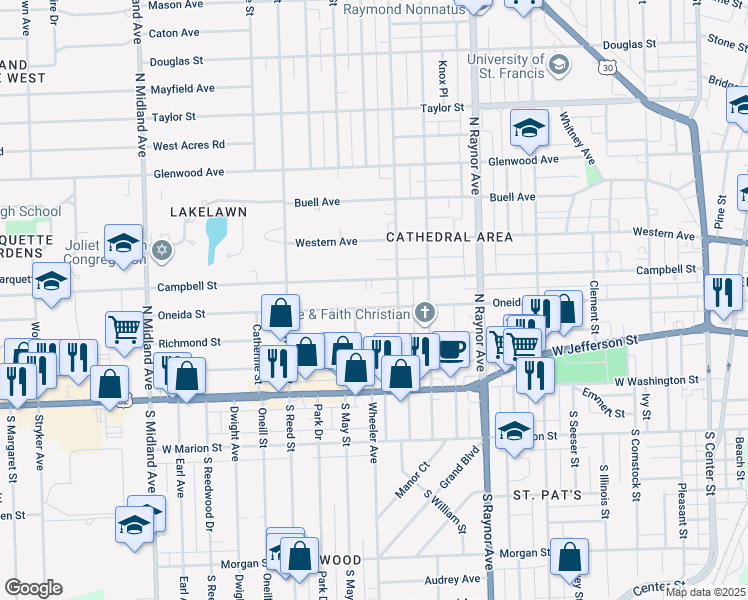 map of restaurants, bars, coffee shops, grocery stores, and more near 961 Oneida St in Joliet