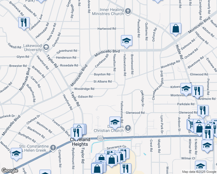 map of restaurants, bars, coffee shops, grocery stores, and more near 3547 Woodridge Road in Cleveland Heights