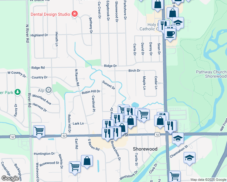 map of restaurants, bars, coffee shops, grocery stores, and more near 325 North Brookshore Drive in Shorewood