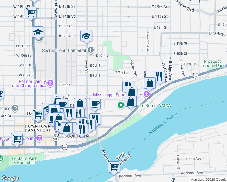 map of restaurants, bars, coffee shops, grocery stores, and more near 616 East 6th Street in Davenport