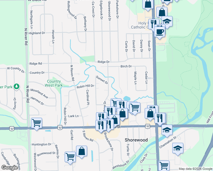 map of restaurants, bars, coffee shops, grocery stores, and more near 325 North Brookshore Drive in Shorewood