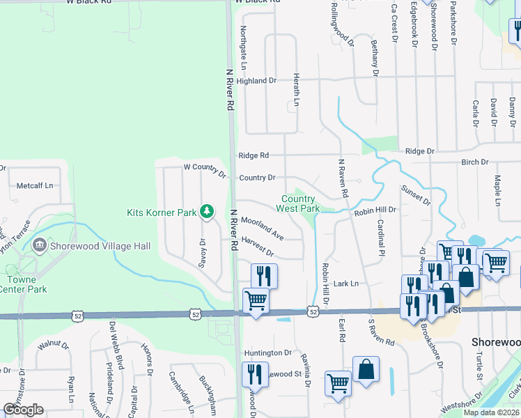 map of restaurants, bars, coffee shops, grocery stores, and more near 1111 Rushwood Avenue in Shorewood
