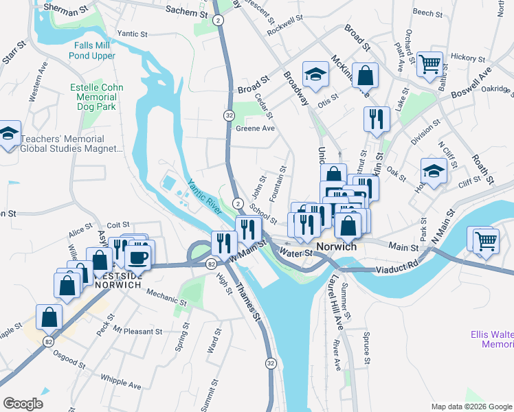 map of restaurants, bars, coffee shops, grocery stores, and more near 61 School Street in Norwich