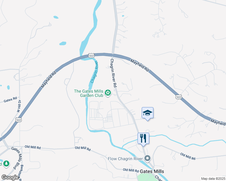 map of restaurants, bars, coffee shops, grocery stores, and more near 1220 Chagrin River Road in Gates Mills