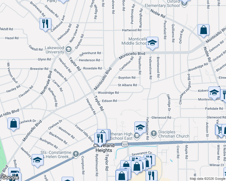 map of restaurants, bars, coffee shops, grocery stores, and more near 3467 Woodridge Road in Cleveland Heights