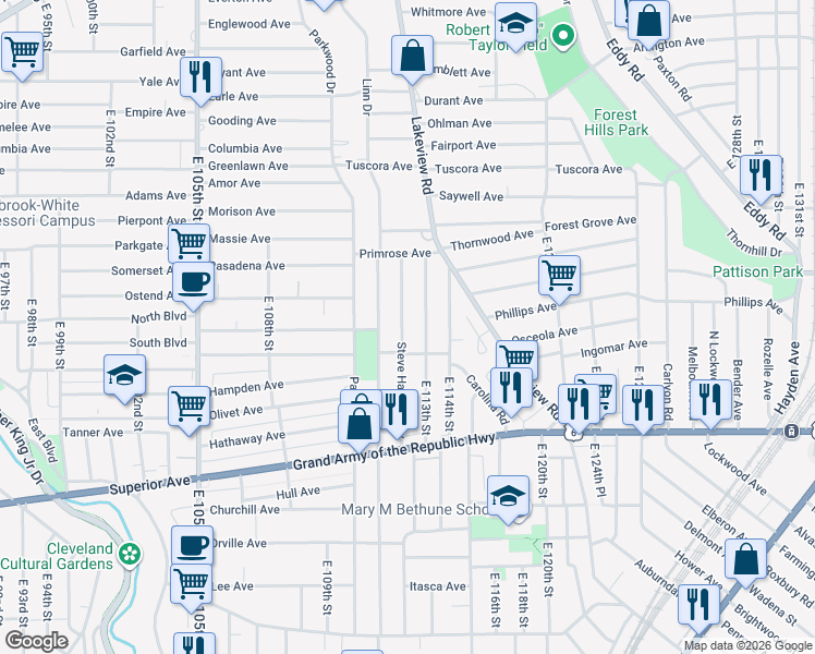 map of restaurants, bars, coffee shops, grocery stores, and more near 1168 Steve Harvey Way in Cleveland