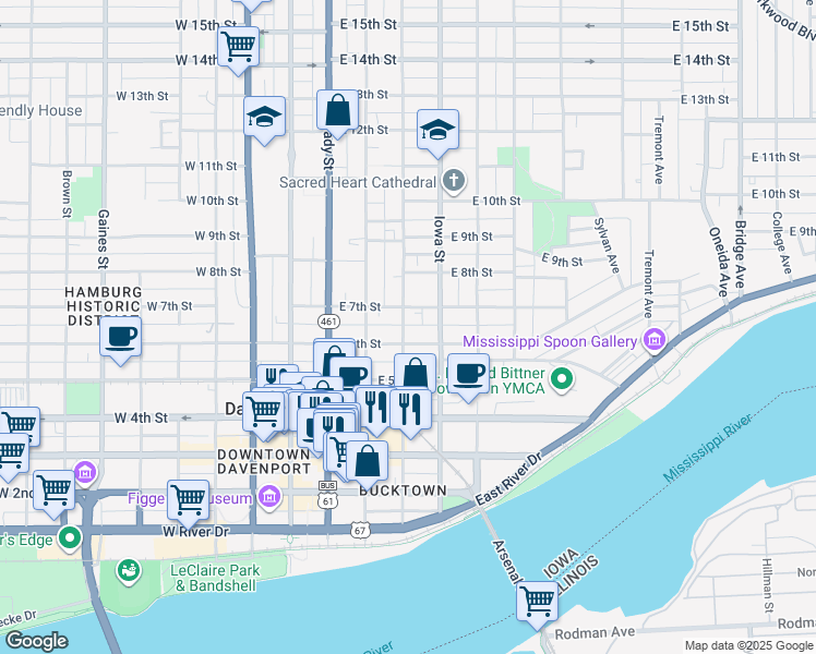 map of restaurants, bars, coffee shops, grocery stores, and more near 224 East 6th Street in Davenport
