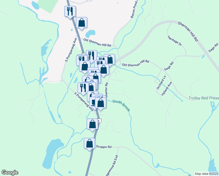 map of restaurants, bars, coffee shops, grocery stores, and more near 20 Hill View Lane in Woodbury