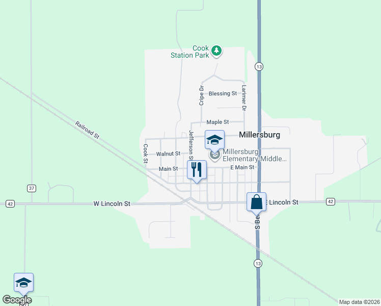 map of restaurants, bars, coffee shops, grocery stores, and more near 100 Walnut Street in Millersburg