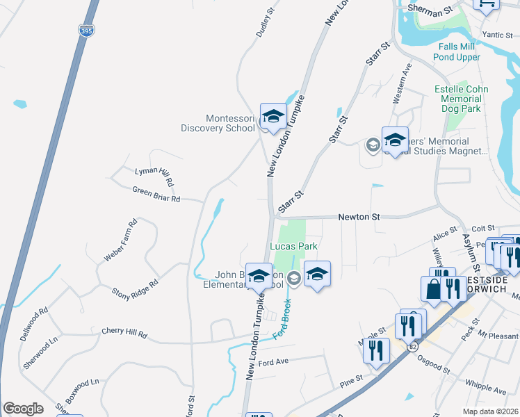map of restaurants, bars, coffee shops, grocery stores, and more near 339 New London Turnpike in Norwich