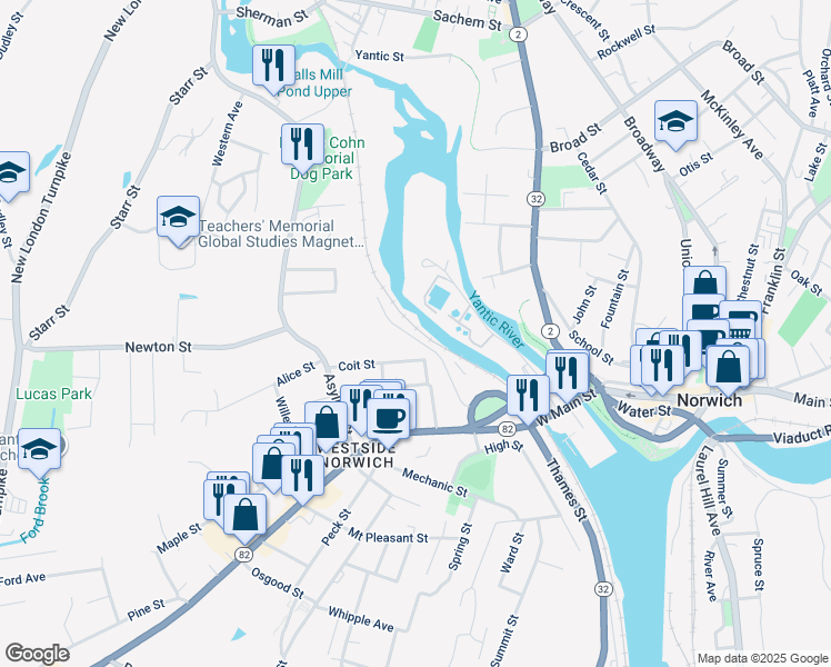 map of restaurants, bars, coffee shops, grocery stores, and more near 95 Forest Street in Norwich