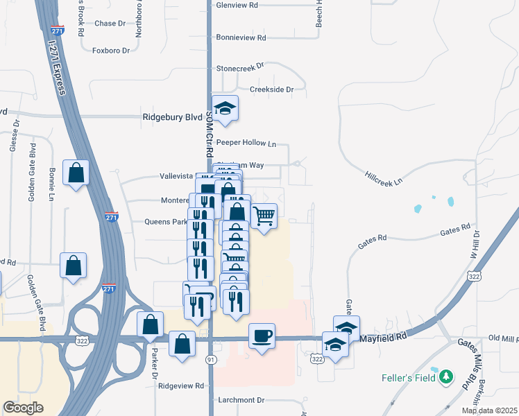 map of restaurants, bars, coffee shops, grocery stores, and more near 1223 Drury Court in Mayfield Heights