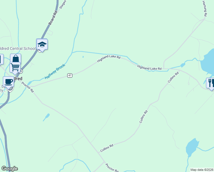 map of restaurants, bars, coffee shops, grocery stores, and more near 36 Highland Lake Road in Eldred