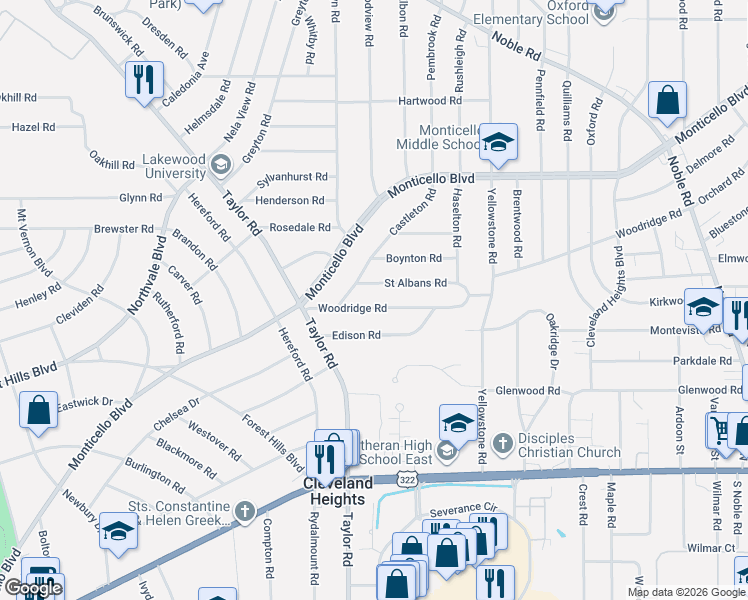 map of restaurants, bars, coffee shops, grocery stores, and more near 3467 Woodridge Road in Cleveland Heights