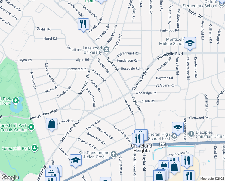 map of restaurants, bars, coffee shops, grocery stores, and more near 1158 Brandon Road in Cleveland Heights