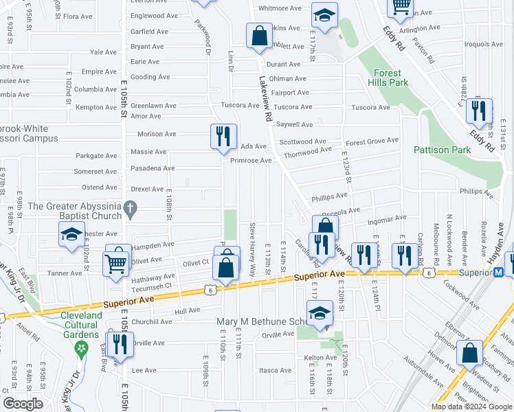 map of restaurants, bars, coffee shops, grocery stores, and more near 1168 Steve Harvey Way in Cleveland