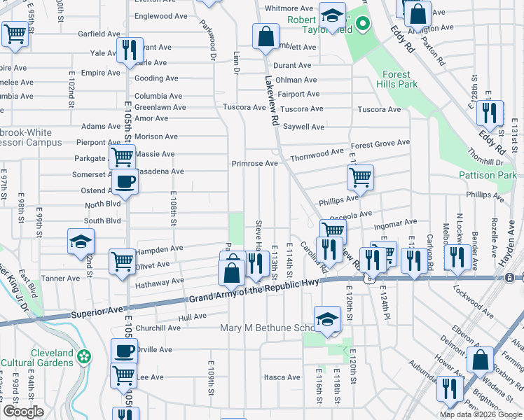 map of restaurants, bars, coffee shops, grocery stores, and more near 1168 Steve Harvey Way in Cleveland