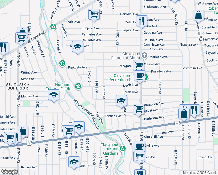 map of restaurants, bars, coffee shops, grocery stores, and more near 10007 South Boulevard in Cleveland