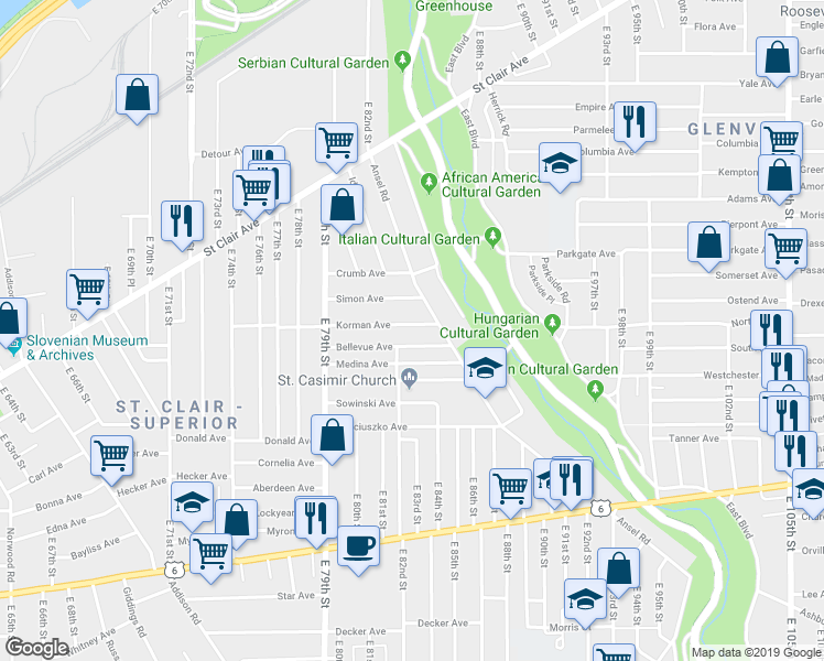 map of restaurants, bars, coffee shops, grocery stores, and more near 8223 Bellevue Avenue in Cleveland